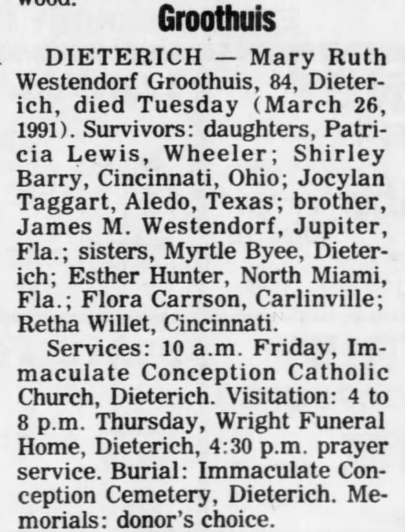 Obituary for Mary Ruth Westendorf Groothuis (Aged 84)